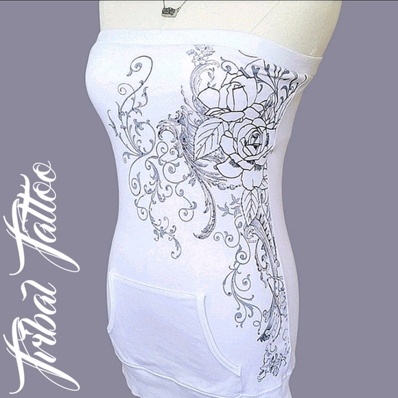 Tops - White Tribal Tattoo Design Strapless/Tube Top